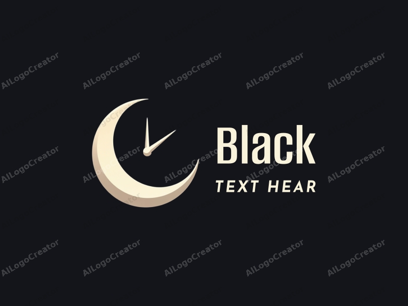 minimalist design features a stylized moon and clock, set against a black night background, creating a harmonious and clean composition.