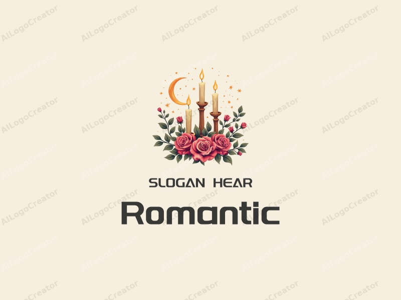 a harmonious blend of classical and modern design featuring elegant roses and candles, accompanied by whimsical stars and a crescent moon, all set against a clean background.