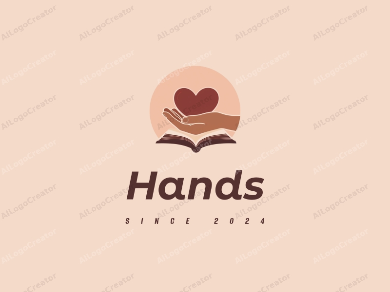 a modern design featuring a hand gently holding a book and a heart, with skin tone colors, creating a harmonious and clean composition.