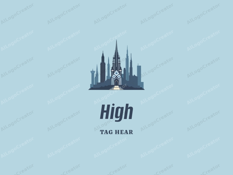 a modern design featuring tall and majestic towers and arches, combined with a clean blue background and a minimalist approach.