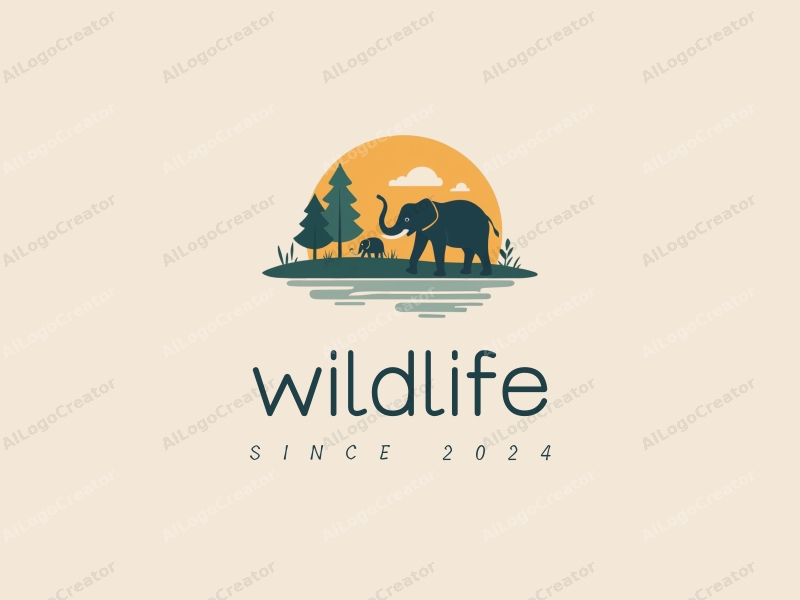 playful design features a stylized elephant and trees, combined with natural landscapes, using a clean background and harmonious composition.