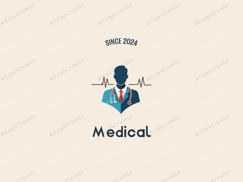 modern design features a stylized hospital silhouette, a doctor figure, a stethoscope intertwined with a heartbeat line, combined with a clean background.