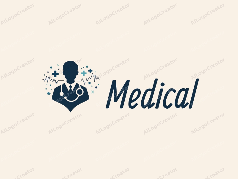 modern design features a stylized hospital silhouette, a doctor figure, a stethoscope intertwined with a heartbeat line, combined with a clean background.