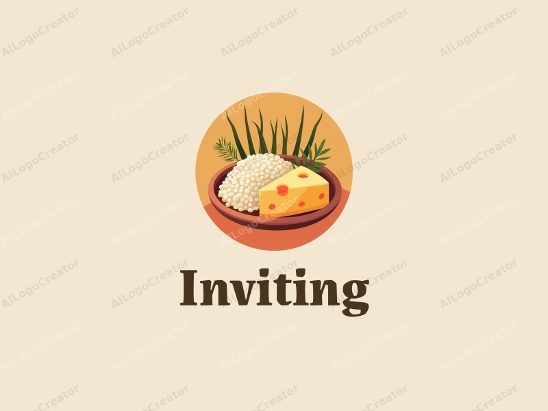 playful design features stylized rice and cheese elements, combined with invitation and welcome motifs, set against a warm-toned background.