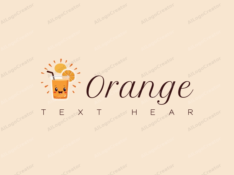 playful design features a stylized orange and juice, a cheerful sun, and a smiling face, combined with a clean background.