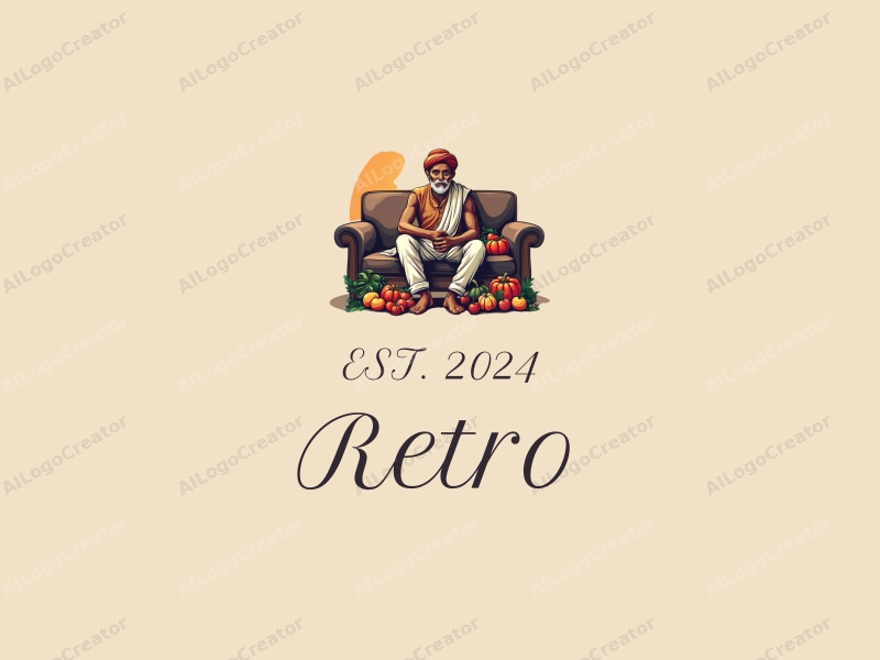 vintage design features a retro sofa and a retro poster, combined with an Indian farmer surrounded by fresh vegetables and fruits, using a clean background and harmonious composition.