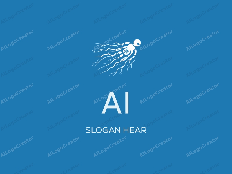 a modern design featuring a flying robot intertwined with flowing data streams, representing intelligence and algorithms, combined with a clean blue background.