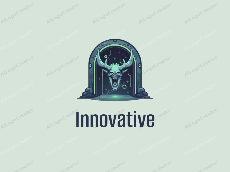 a modern design featuring a stylized demon emerging from a futuristic door, incorporating elements of innovation and future technology, with a clean background in blue and green tones.