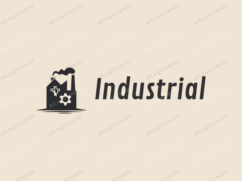 a modern minimalist design featuring a stylized factory silhouette, interlocking gears, and a hook, combined with a clean background and a focus on simplicity and harmony.