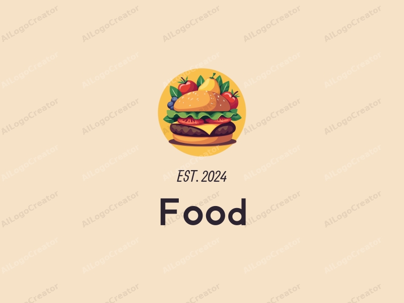 a modern design featuring a delicious burger and fresh fruits, combined with a vibrant color palette and a clean background.