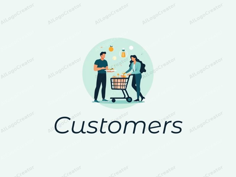 a modern minimalist design featuring stylized customers interacting with a shopping cart and a plate, combined with a clean background in blue and green tones.