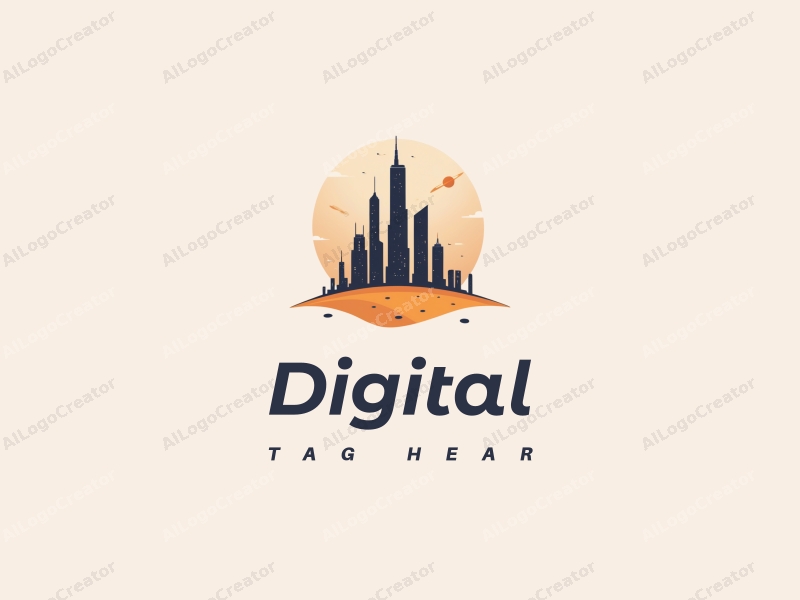 a modern design featuring digital elements, stylized skyscrapers rising from a desert landscape, combined with a clean background and a minimalist approach.