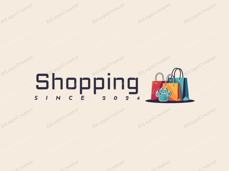 a modern design featuring colorful shopping elements, a stylized cat paw, and a shopping bag, combined with a clean background.