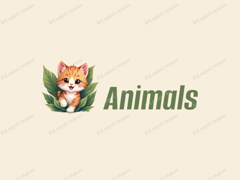 a cute and realistic illustration of a kitten playing among vibrant green leaves, showcasing a harmonious blend of wildlife and nature, with a colorful and natural tone background.