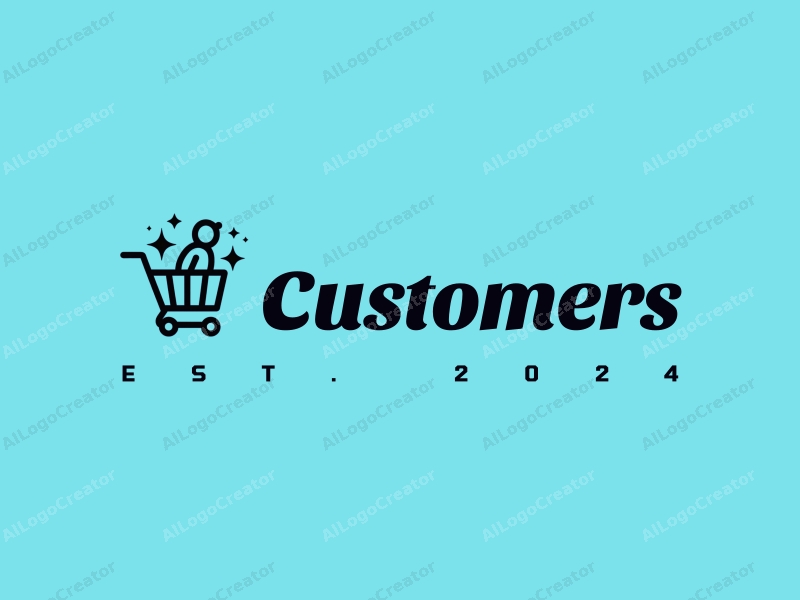 a modern design featuring a stylized shopping cart and a customer silhouette, combined with star elements, set against a clean blue background.