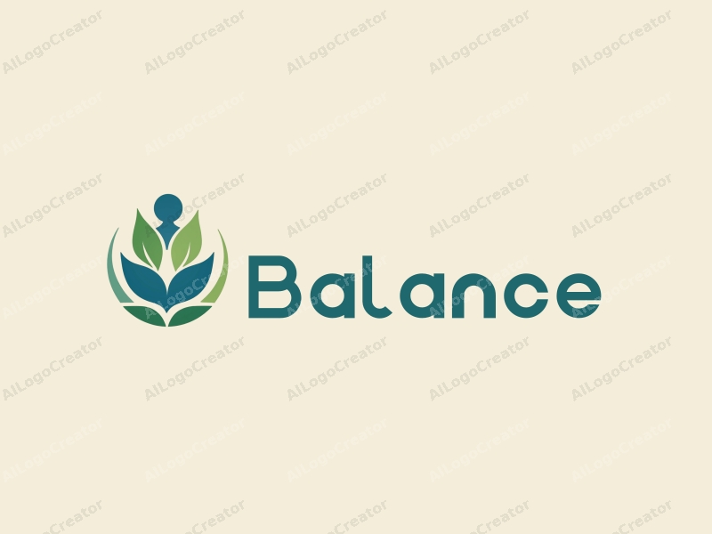 a modern minimalist design featuring a stylized human figure in a balanced pose surrounded by leaves, using blue and green colors to convey health and vitality, combined with a clean background.