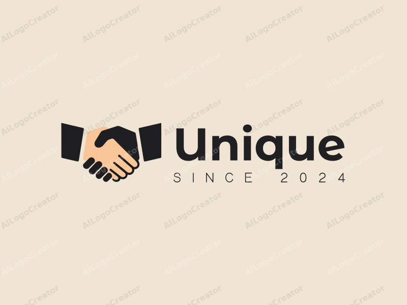 a modern minimalist design featuring a stylized handshake and a black belt, combined with a clean background and a focus on innovation and uniqueness.