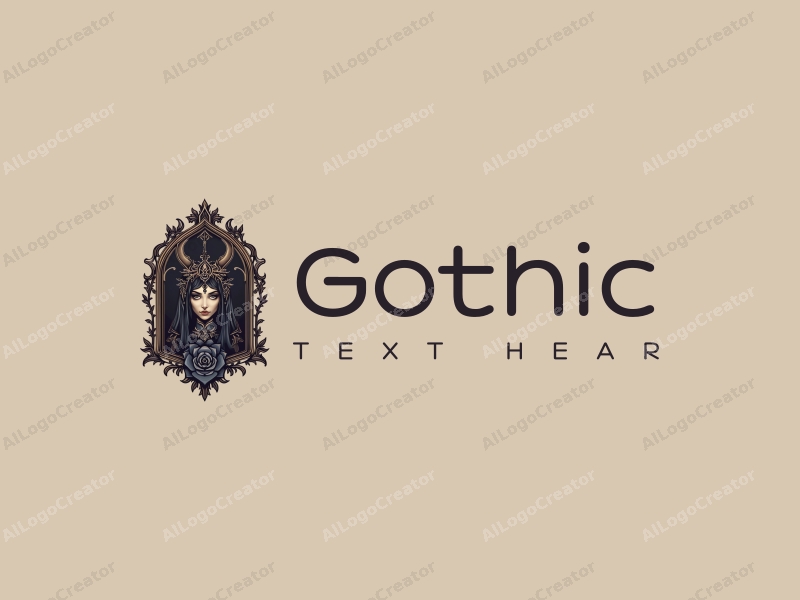 Gothic design features intricate Gothic architecture, stylized Gothic fashion elements, a small demon figure, and a black rose, combined with a dark and moody background.