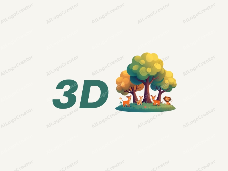 a modern design featuring vibrant 3D trees and dynamic animals, incorporating a playful and lively atmosphere with a clean background.