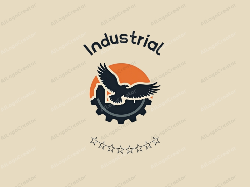 modern design features a stylized factory silhouette, interlocking gears, and an eagle in flight, combined with a clean background.