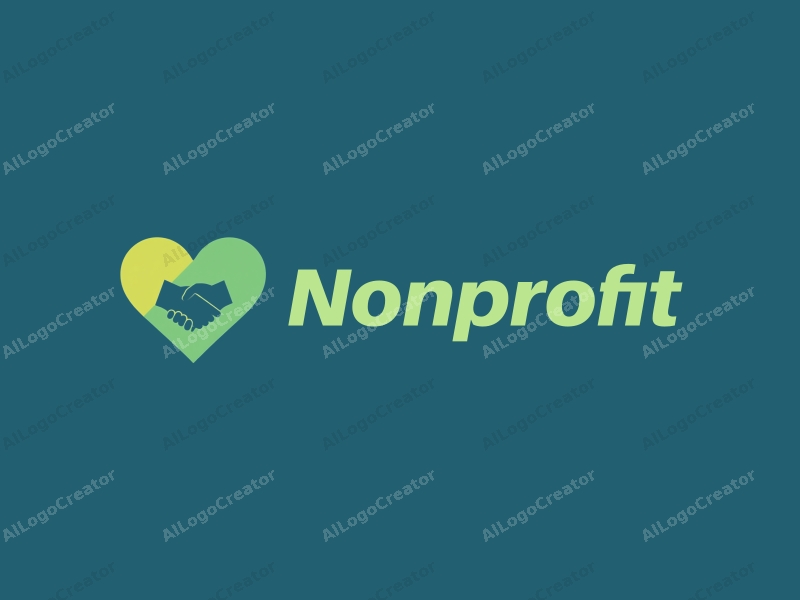 modern design features a stylized handshake and heart shape, representing charity and volunteerism, combined with a clean background in blue and green tones.