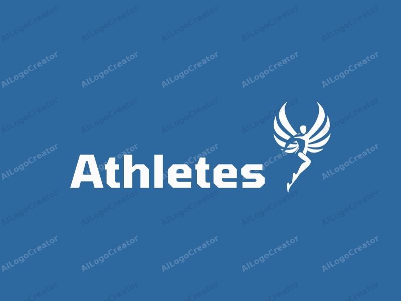 a modern design featuring a stylized athlete in motion, combined with angelic wings, set against a clean blue background, emphasizing movement and grace.