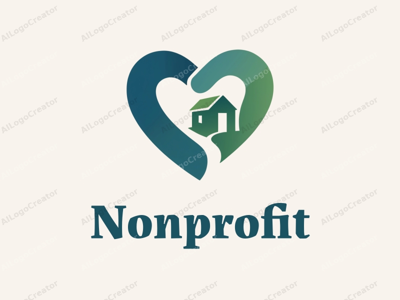 modern design features a heart shape intertwined with a house silhouette, symbolizing charity and volunteer work, using blue and green colors to convey trust and growth, combined with a clean background.