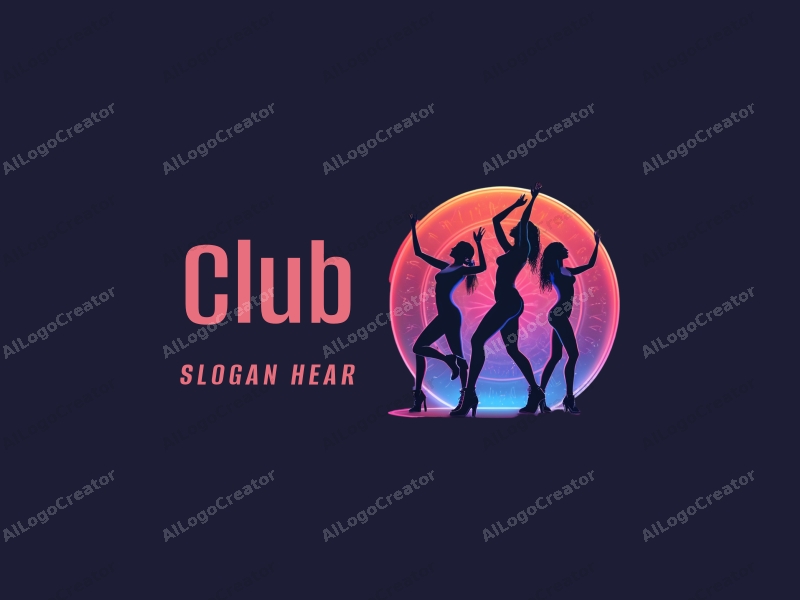 a modern and vibrant design featuring stylized dancers illuminated by neon lights, incorporating a dynamic composition with a clean background, emphasizing nightlife and social gatherings.