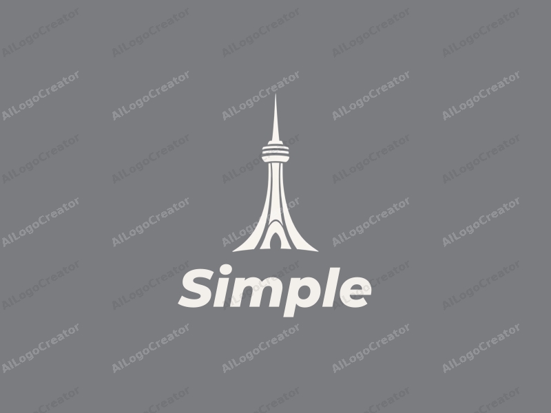 minimalist design features a stylized tower silhouette, clean lines, and a harmonious composition combined with a white and gray color palette.