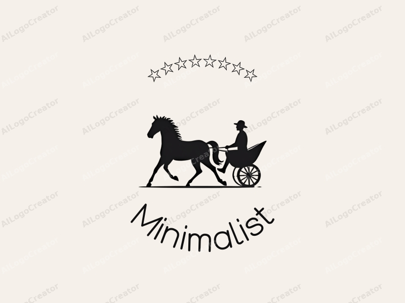 minimalist design features a stylized horse and chariot, combined with clean lines and a black and white color scheme, emphasizing simplicity and elegance.