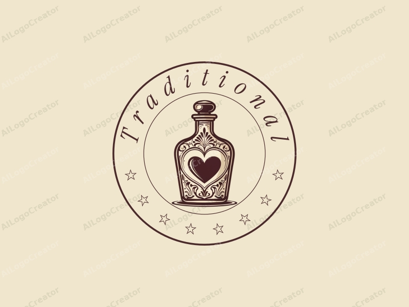 vintage design features a heart-shaped bottle silhouette, traditional and classic motifs, with a harmonious blend of brown and beige colors on a clean background.