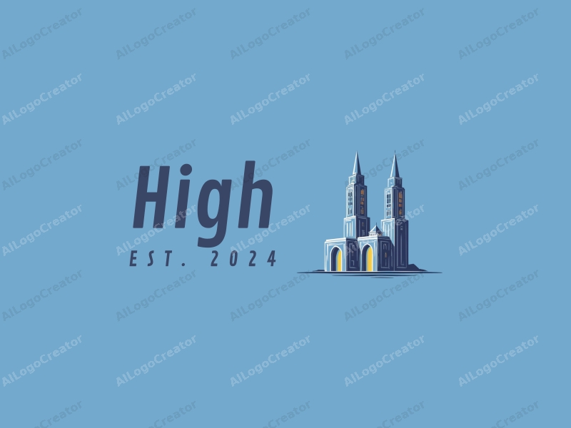 modern design features tall and majestic towers and arches, combined with a clean blue background.