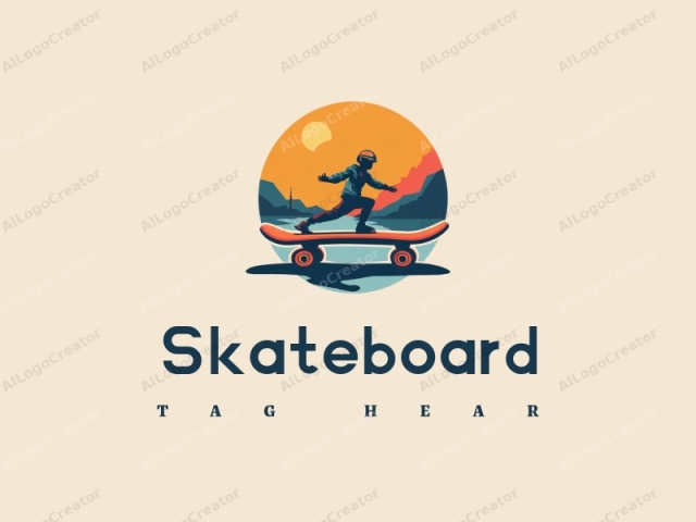 Ein fröhliches Design zeigt eine lebhafte Skateboard-Silhouette unter einer hellen Sonne, kombiniert mit einem sauberen Hintergrund und einfachen Formen.