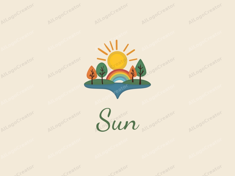 playful design features a bright yellow sun radiating light, surrounded by stylized trees and a vibrant rainbow, combined with a clean background.