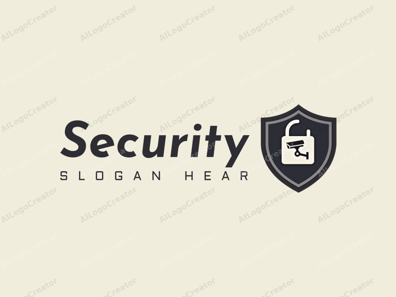 modern design features a stylized shield and lock, integrated with a surveillance camera, using a clean background and a harmonious composition.