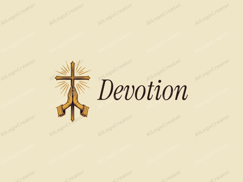 vintage design features a golden cross and hands in a prayer position, combined with a clean background and a harmonious composition.