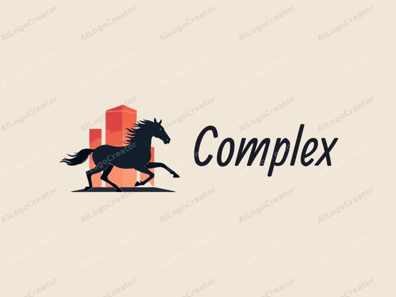 minimalist design features a stylized horse silhouette in motion, integrated with geometric architectural shapes, using a black and red color scheme combined with a clean background.