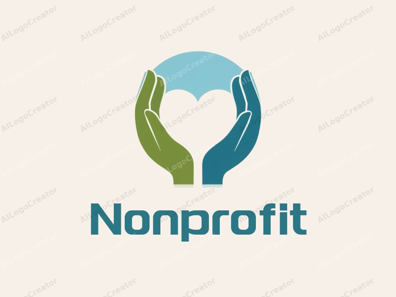 modern minimalist design features a heart shape formed by two hands, symbolizing charity and volunteer work, combined with a clean background in blue and green colors.