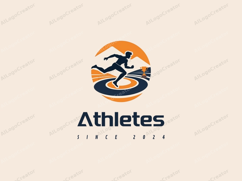 modern design features a stylized athlete in motion, a dynamic track layout, and a trophy, combined with a clean background.