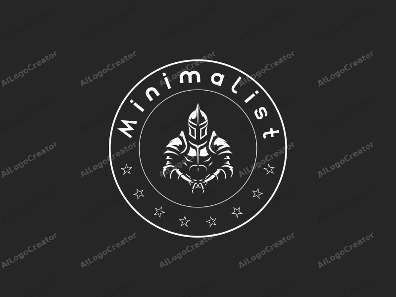 minimalist design features a stylized warrior in armor, using clean lines and a tag style approach combined with a simple black and white background.