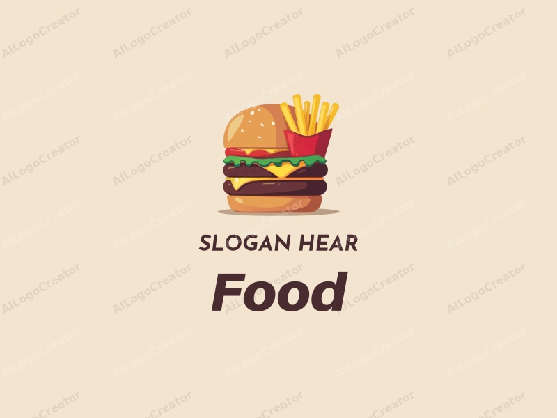 a modern design featuring a stylized burger and fries, with vibrant colors and a clean background, emphasizing the deliciousness of the food in a harmonious and simple composition.