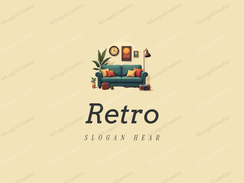 vintage design features a retro sofa, a retro poster, a vintage clock, and a nostalgic camera, combined with a clean background.