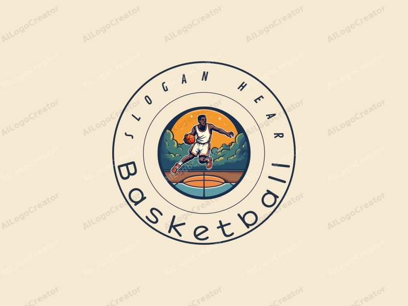 playful design features a stylized basketball, an athlete in motion, and a basketball court background combined with a clean and simple layout.