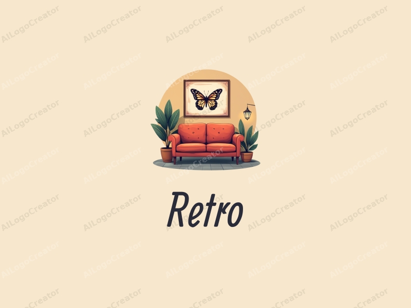 vintage design features a retro sofa and a retro poster, combined with a butterfly motif, set in a restaurant environment, with a clean and harmonious background.