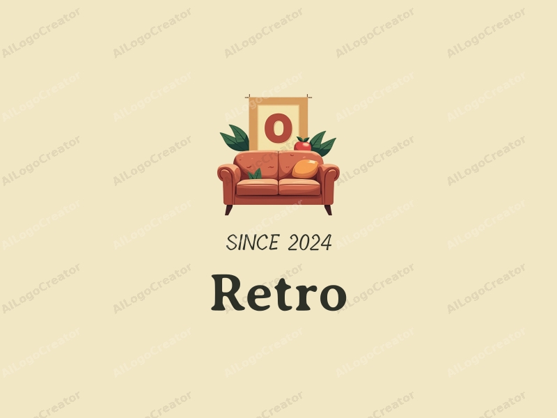 vintage design features a retro sofa and a retro poster, combined with a peach and the letter O, set against a clean background.