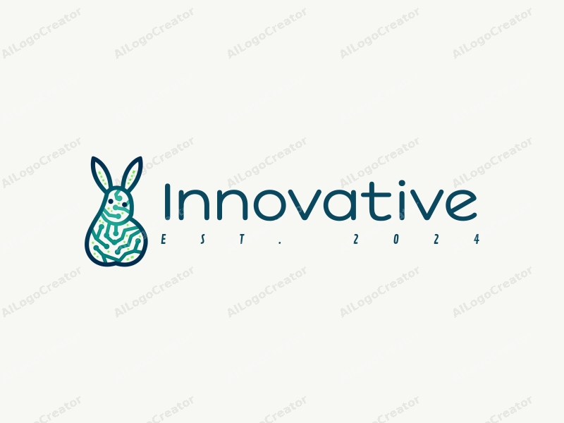 a modern minimalist design featuring a stylized rabbit intertwined with circuit patterns, using a blue and green color palette, combined with a clean background.