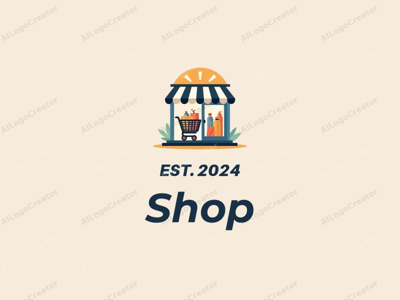 modern design features a stylized shop front, a shopping cart filled with products, combined with a clean background and a harmonious layout.