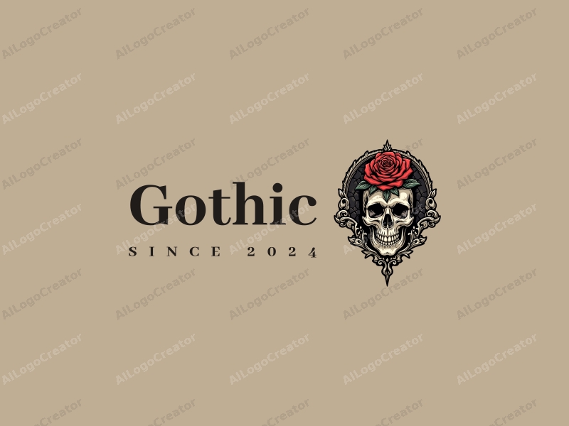 Gothic design features intricate Gothic architecture elements, stylized Gothic fashion silhouettes, a skull intertwined with a rose, combined with a clean background.