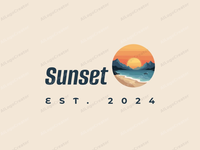 a serene landscape featuring a sunset over the ocean, with mountains in the background and a sandy beach in the foreground, using a natural and romantic design approach combined with a clean and tranquil atmosphere.