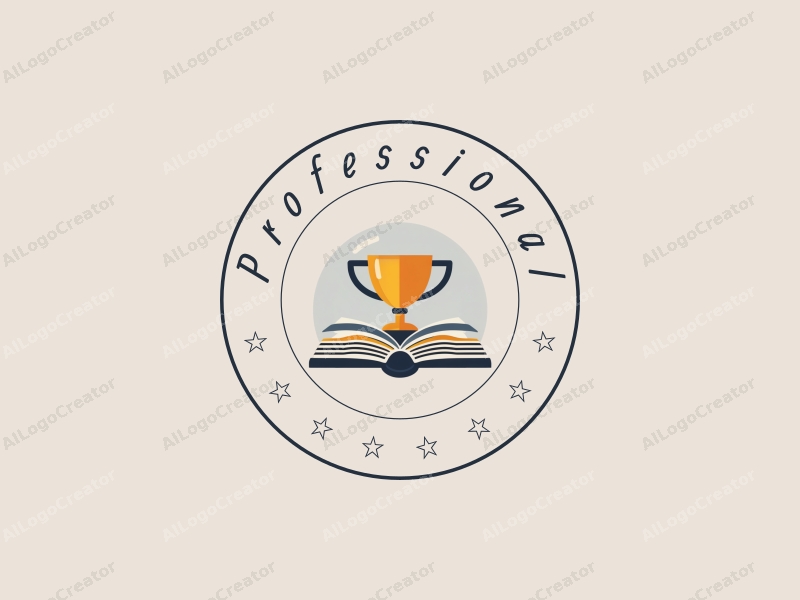 modern design features a stylized book and trophy, symbolizing education and achievement, combined with a clean background and a professional aesthetic.